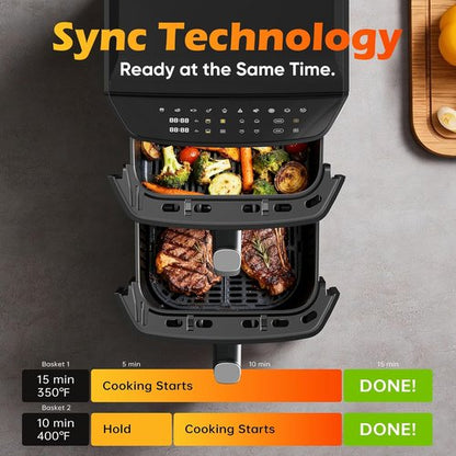 Dual Basket Air Fryer - 12.6QT Family Size for 10-12 People | XL Basket for 6LB Chicken, 10-in-1 Functions, Dishwasher Safe, Black