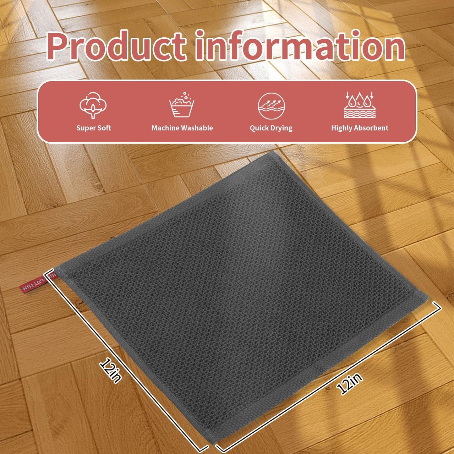 Skiennix 100% Cotton Waffle Weave Dish Cloths - Ultra Soft & Absorbent, 12x12 Inch, Dark Grey, 6-Pack