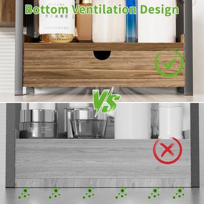 Skiennix 2-Tier Bathroom Counter Organizer - Stylish Wood Storage with Drawer & Basket | Dark Brown