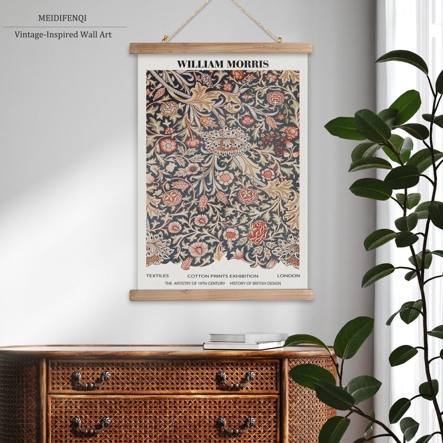 MIDEFINCH Vintage Floral Scroll Poster - Retro Botanical Wall Art with Wooden Hanger | 16x23 Inch