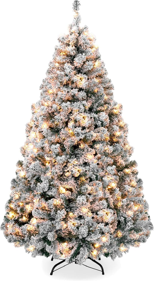 Best Choice Products 9ft Pre-Lit Snow Flocked Artificial Christmas Tree - Full Appearance with Easy Assembly & Metal Stand