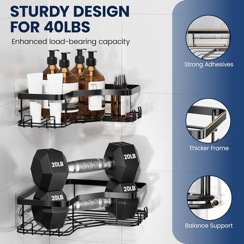 MAXIFFE Corner Shower Caddy - Large Capacity Stainless Steel Organizer with Soap Holder | No Drilling, Black