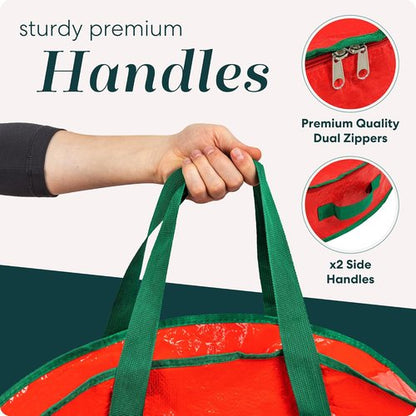 Handy Laundry Wreath Storage Bag - 24 Inch Durable Tarp Container with Zipper & Handles | Protects Holiday Decor, Fits Multiple Wreaths, Red