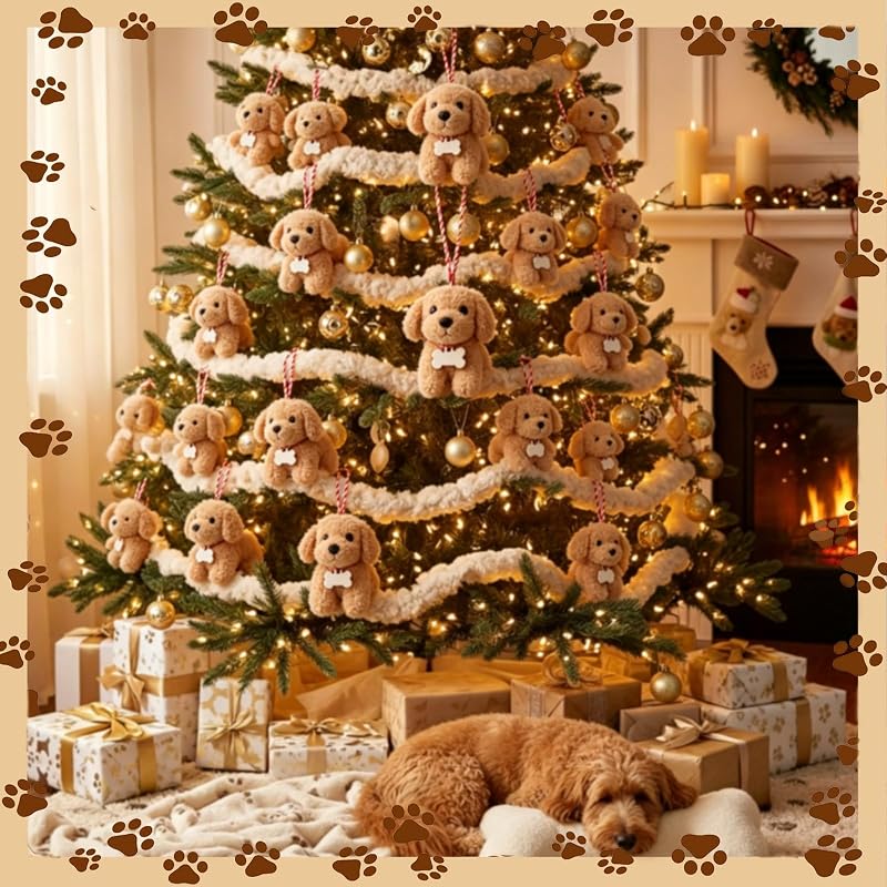 Goldendoodle Christmas Ornament - Plush Curly Dog with Writable Wooden Tag (Variation: Gold)