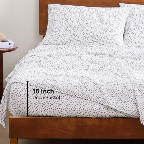 Lane Linen 100% Organic Cotton White (Grey Dot) Queen-Sheets Set, 4-Piece Long Staple Percale Weave Ultra Soft Best Bedding Sheets for Bed,Breathable,,Fits Mattress Upto 15inch Deep