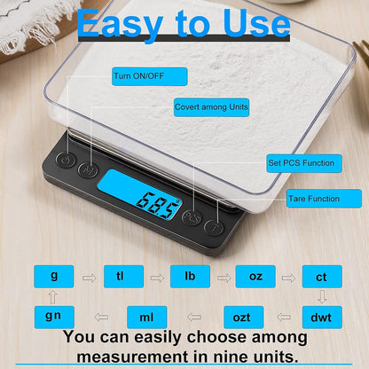 YONCON Digital Kitchen Scale - High Accuracy 3000g/0.1g Mini Pocket Scale with Tare Function & LCD Display