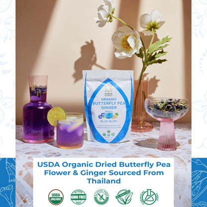 Kosha Botanica USDA Organic Butterfly Pea & Ginger Herbal Blend Tea | 65+ Servings 2 oz (56g) | Natural Premium Dried Whole Flower | Organic Non GMO Herbal Loose Leaf Tea