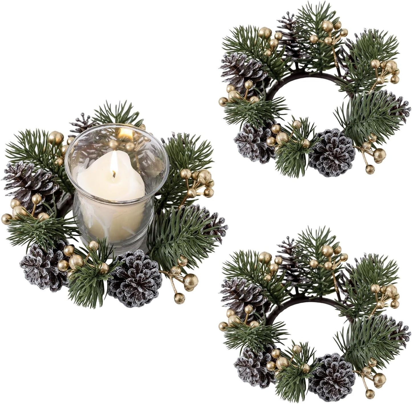 Regine Switzerland Christmas Candle Rings - Elegant Artificial Flower Wreaths with Gold Berries & Pinecones | Perfect Holiday Table Centerpieces