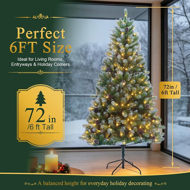 6ft Pre-Lit Artificial Christmas Tree with 250 Warm White Lights, 705 Snow-Dusted Tips & 51 Pine Cones