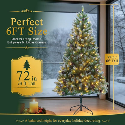 6ft Pre-Lit Artificial Christmas Tree with 250 Warm White Lights, 705 Snow-Dusted Tips & 51 Pine Cones