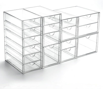 Prsildan Acrylic Drawer Organizer - 17 Drawer Clear Storage Solution for Makeup & Craft Supplies | Set of 4