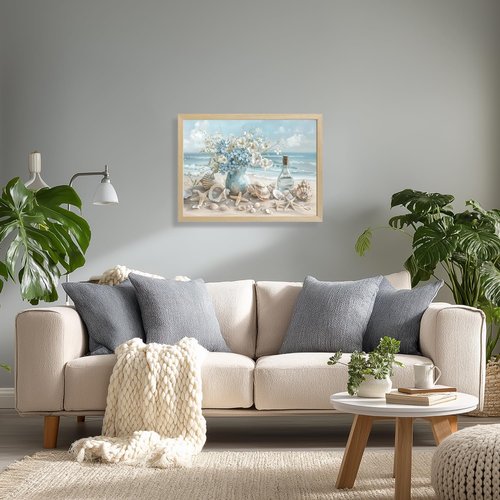 LLEEMPI Coastal Beach Wall Art - Seashell & Starfish Canvas Print | 12x16 Inch Framed Ocean Decor
