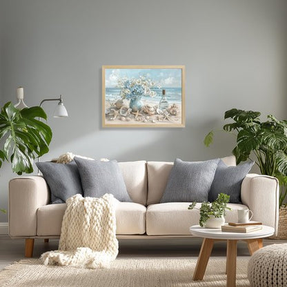 LLEEMPI Coastal Beach Wall Art - Seashell & Starfish Canvas Print | 12x16 Inch Framed Ocean Decor