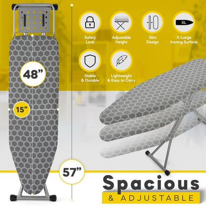 Full Size Ironing Board 57" L X15 W, Large Wide Sturdy Ironing Board with Iron Rest, Foldable Adjustable Iron Board with Heat Resistant Cover, Enhanced Stability (Silver Gray)