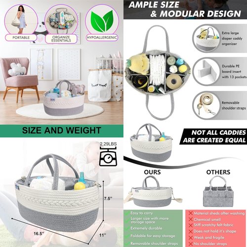 Extra Large Baby Diaper Caddy Organizer by [Brand Name] - Portable Rope Nursery Basket for Essentials