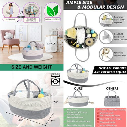 Extra Large Baby Diaper Caddy Organizer by [Brand Name] - Portable Rope Nursery Basket for Essentials