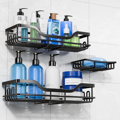Omaira Shower Caddy - 3-Pack Rustproof Organizer with Soap Holder for Smooth Walls | Black