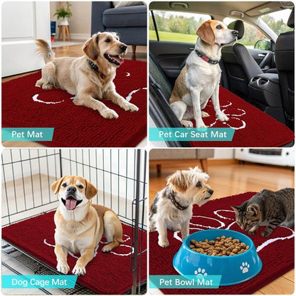 OLANLY Dog Door Mat for Muddy Paws 30x20, Paw Print Design, Absorbs Moisture and Dirt, Absorbent Non-Slip Washable Doormat, Quick Dry Chenille Mud Mat for Dogs, Entry Indoor Entryway Carpet, Red