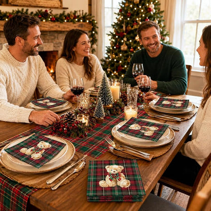 Whaline Red Green Plaid Bear Paper Napkins 50ct - 13x13in Luncheon, Baby Shower & Christmas Theme