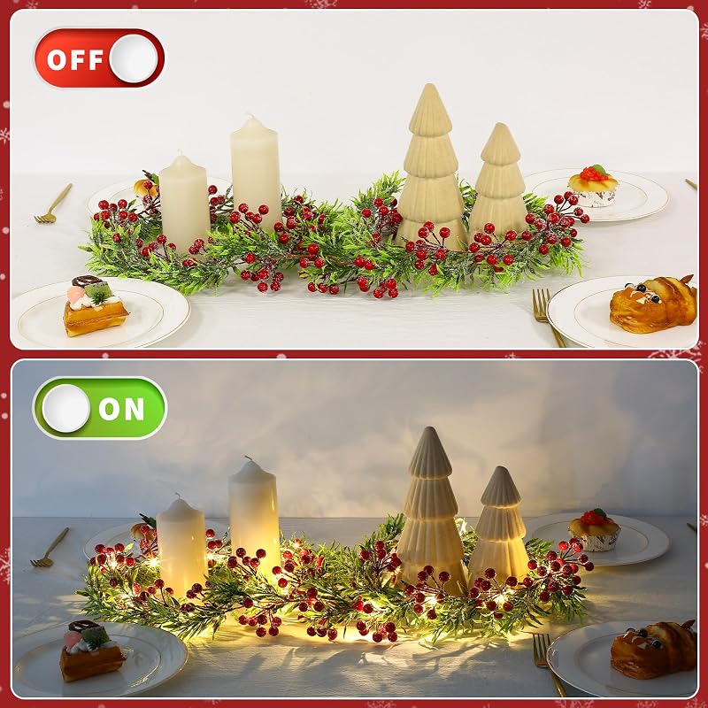 Breeze Touch 2 Pack Lighted Olive Garland with Red Berries - Battery Operated Snowy Christmas Decor