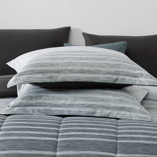 Monbix Queen Comforter Set - 7 Pieces Bed in a Bag Queen, Grey-Stripe Bedding Sets, All Seasons Comforter Bed Set with Sheets, Pillowcases & Shams