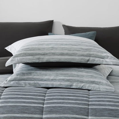 Monbix Queen Comforter Set - 7 Pieces Bed in a Bag Queen, Grey-Stripe Bedding Sets, All Seasons Comforter Bed Set with Sheets, Pillowcases & Shams