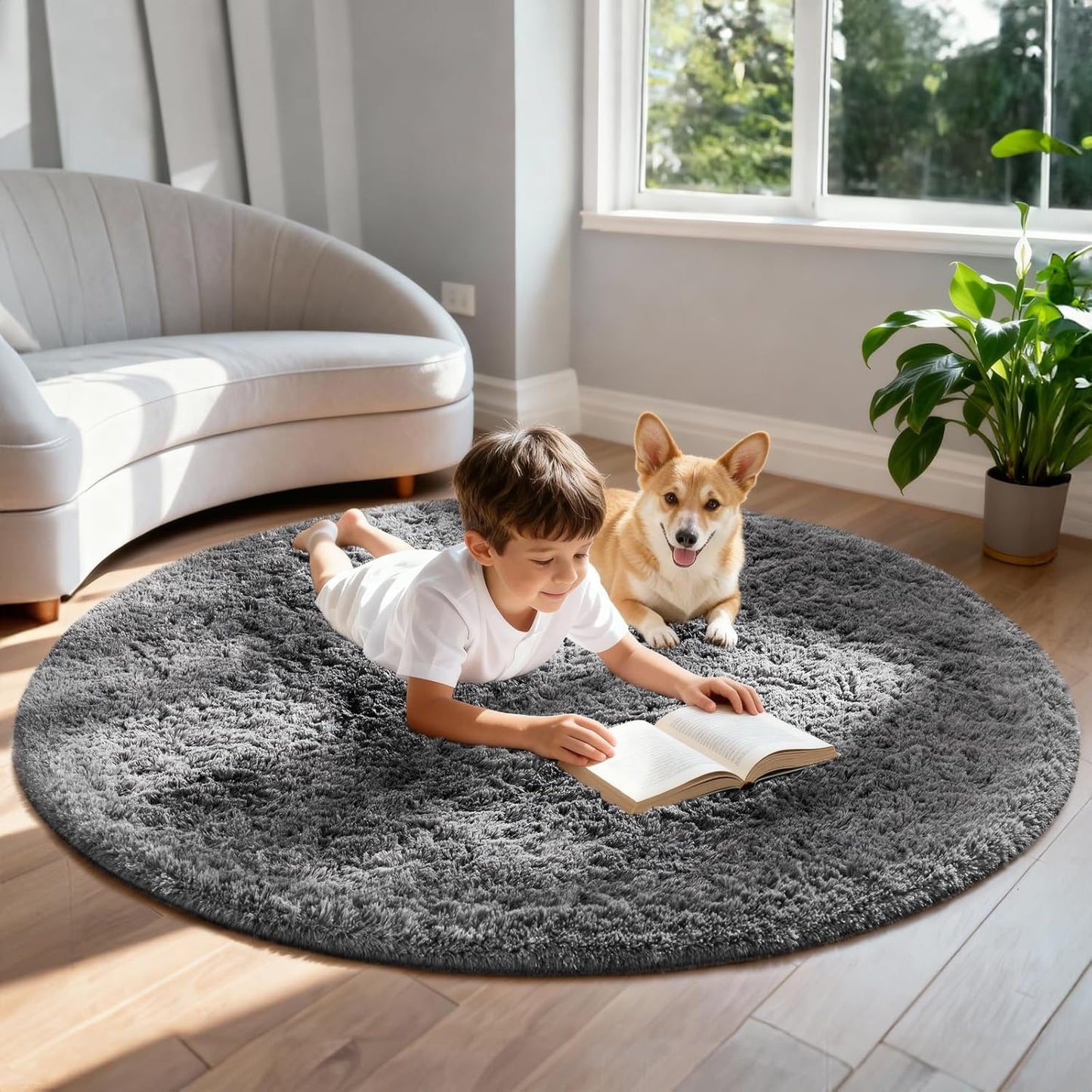 Ophanie Round Rug - 6Ft Grey Fluffy Circle Area Rug | Plush Shag Carpet for Bedroom & Nursery Decor