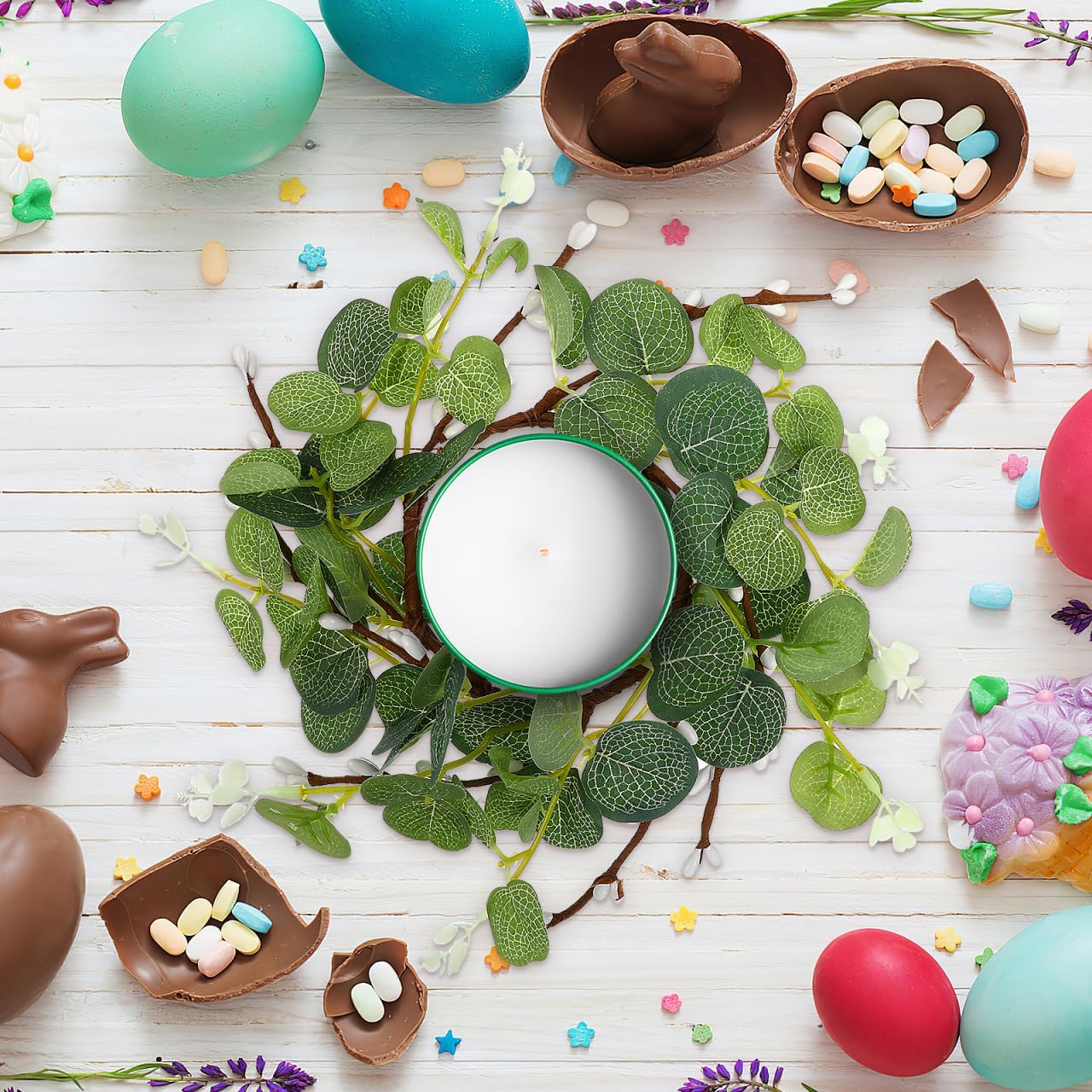 Zerodeko Easter Candle Ring Set - Eucalyptus Leaves Wreath Pillar Holders | Mini Green Decor 8cm