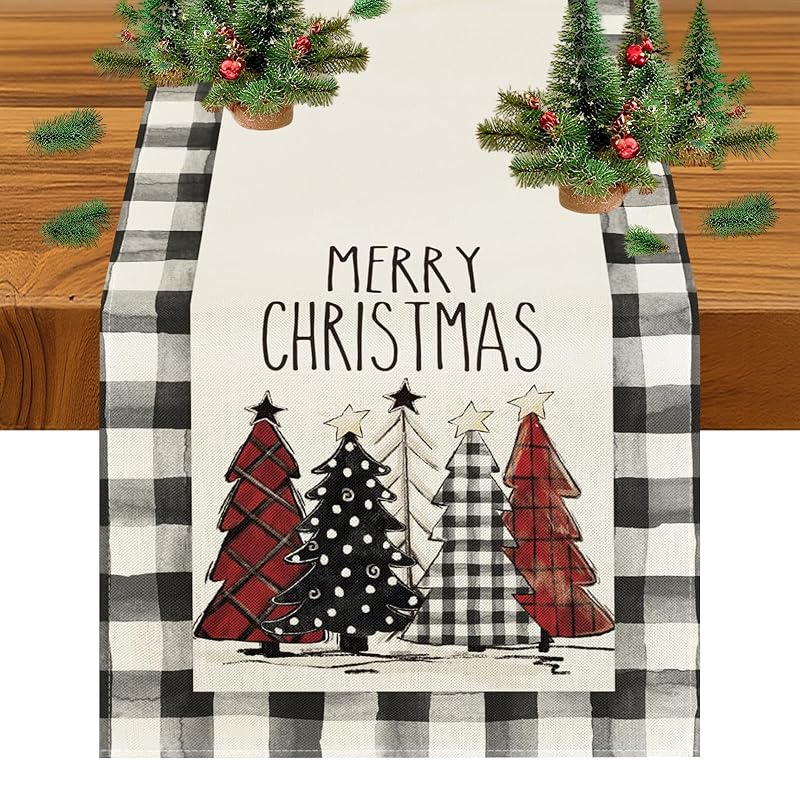 Red & White Christmas Table Runner 13x48 in - Buffalo Check Holiday Decor, 48in