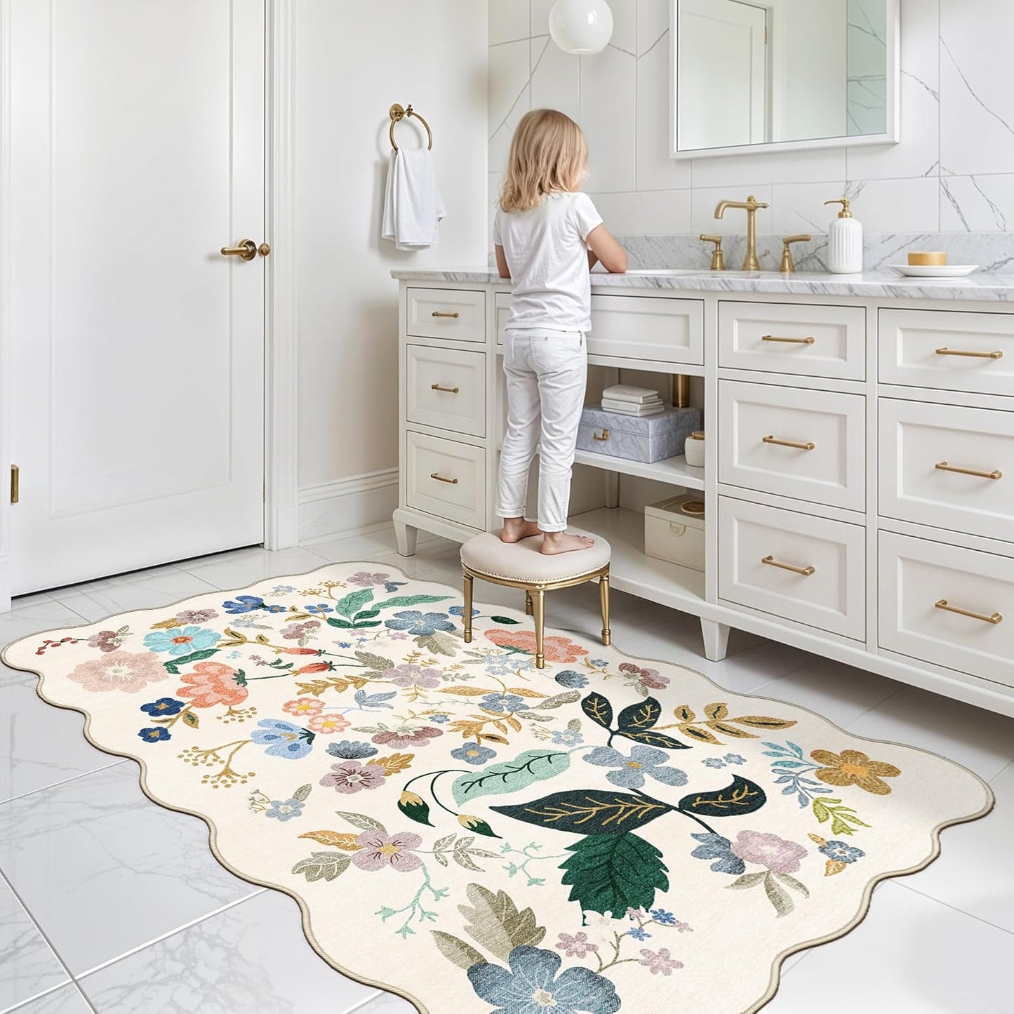 Skiennix Washable 3x5 Area Rug - Ultra Soft Floral Carpet for Kitchen & Nursery | Anti-Slip Elegance in Cream