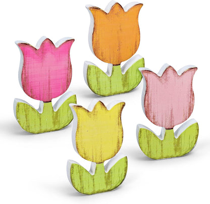 Whaline Spring Tulips Wood Signs - Rustic Floral Table Decor for Farmhouse Centerpieces | 4-Piece Set