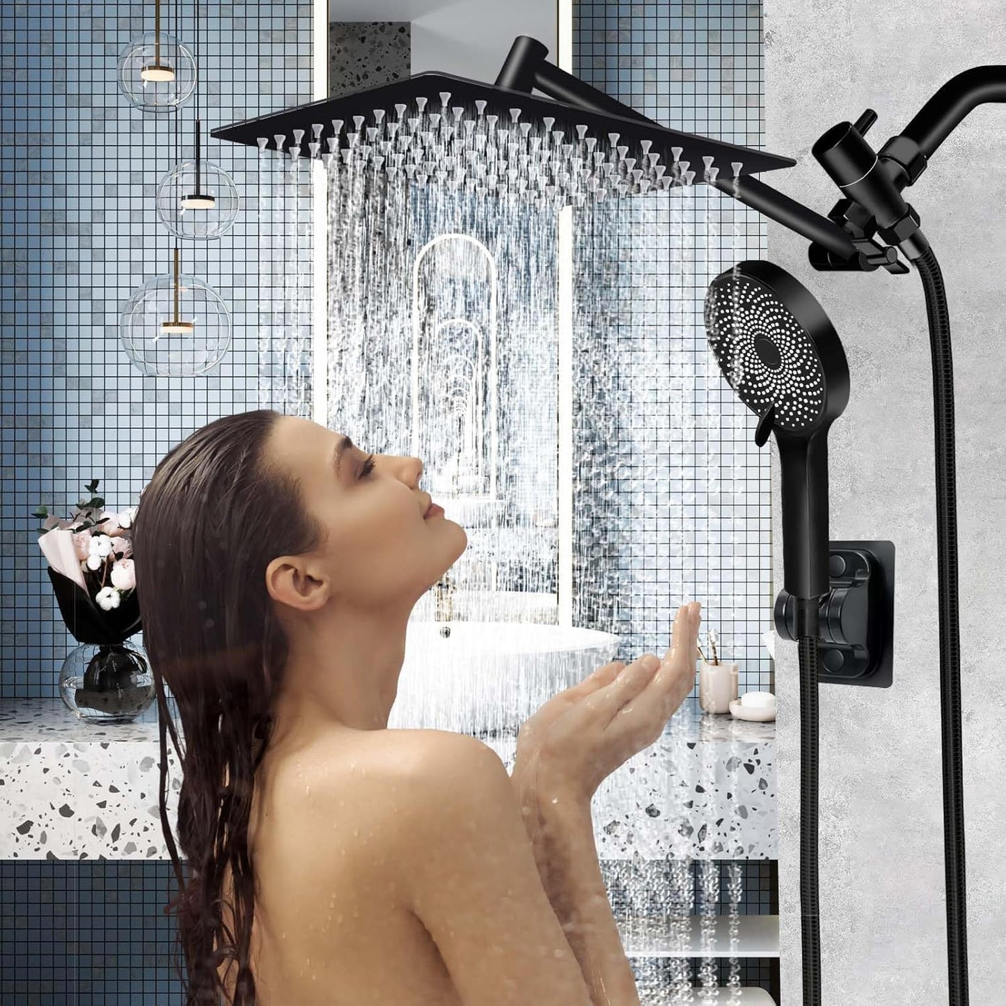 Shower Head,10 Inch High Pressure Rain Shower Head with Handheld Spray Combo, Adjustable Dual Rainfall Shower Head - Showerhead Comb Set with Extension Arm - 60 Inch Long Shower Hose（Black）