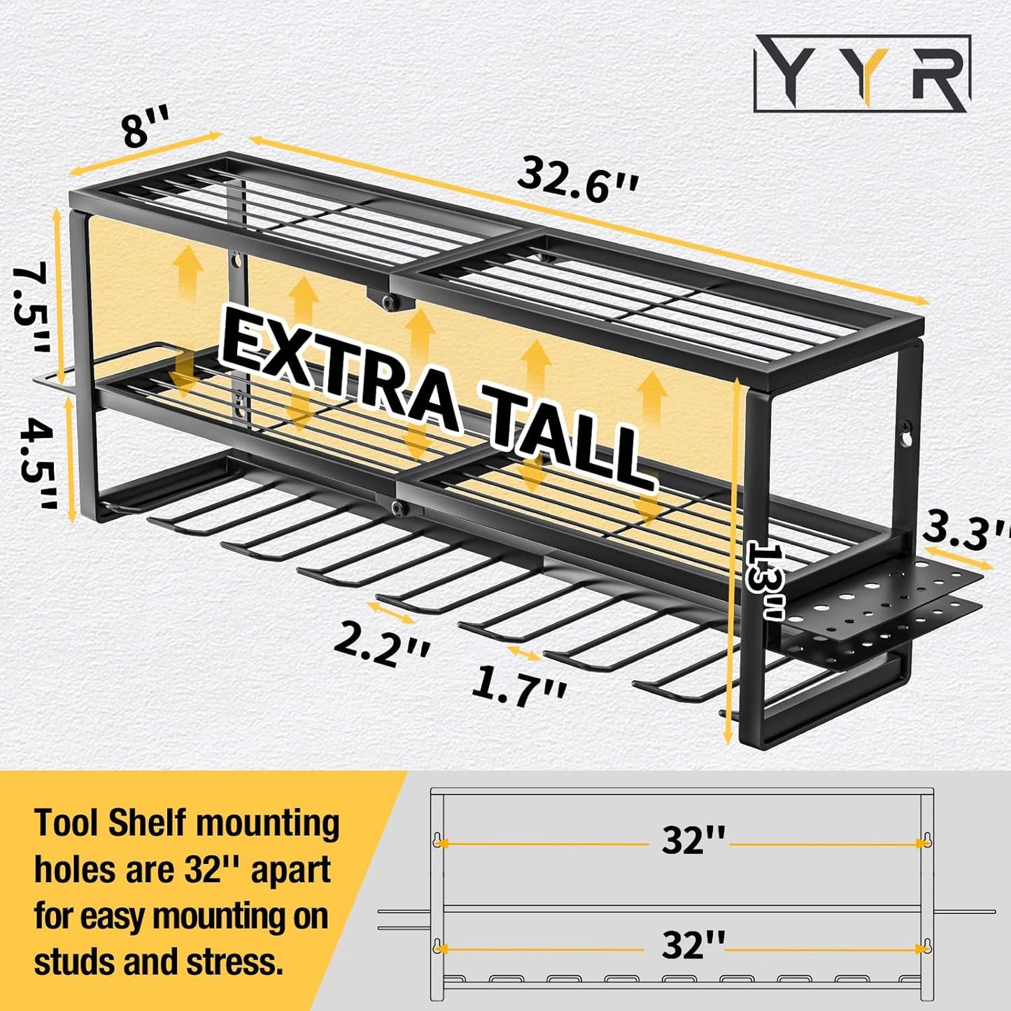 YYR Heavy Duty Power Tool Organizer - Wall Mount Cordless Drill Hanger with Charging Station | 32 Inch, 8 Slots for Garage & Workshop