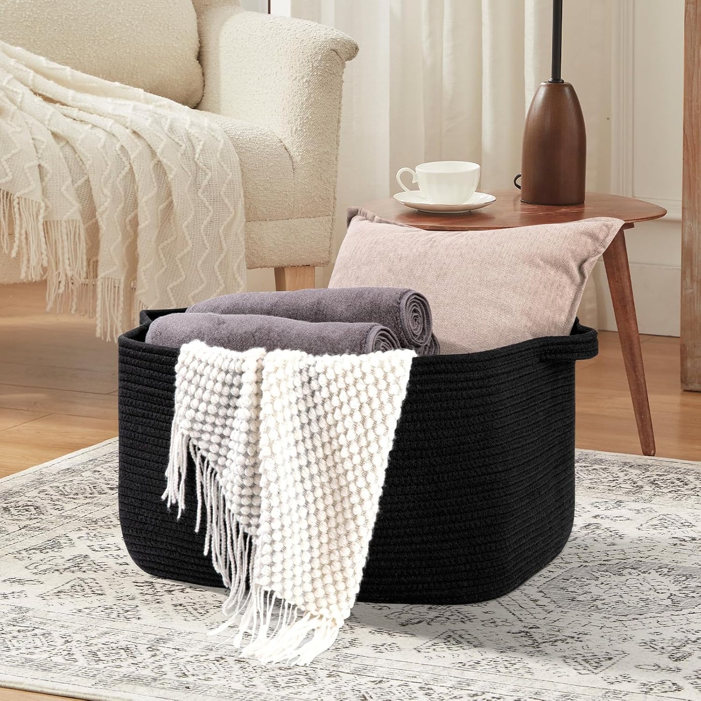 OIASKET Large Blanket Basket - Stylish Black Woven Storage for Toys, Towels & Laundry (Rectangle)