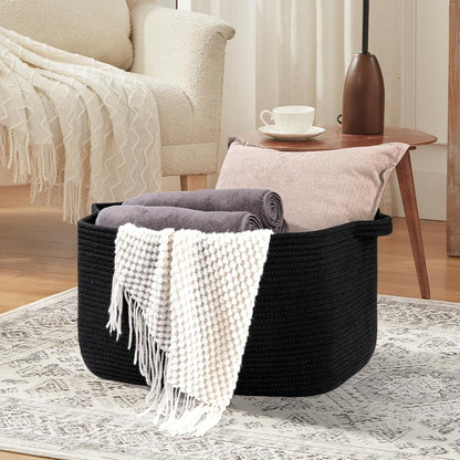 OIASKET Large Blanket Basket - Stylish Black Woven Storage for Toys, Towels & Laundry (Rectangle)