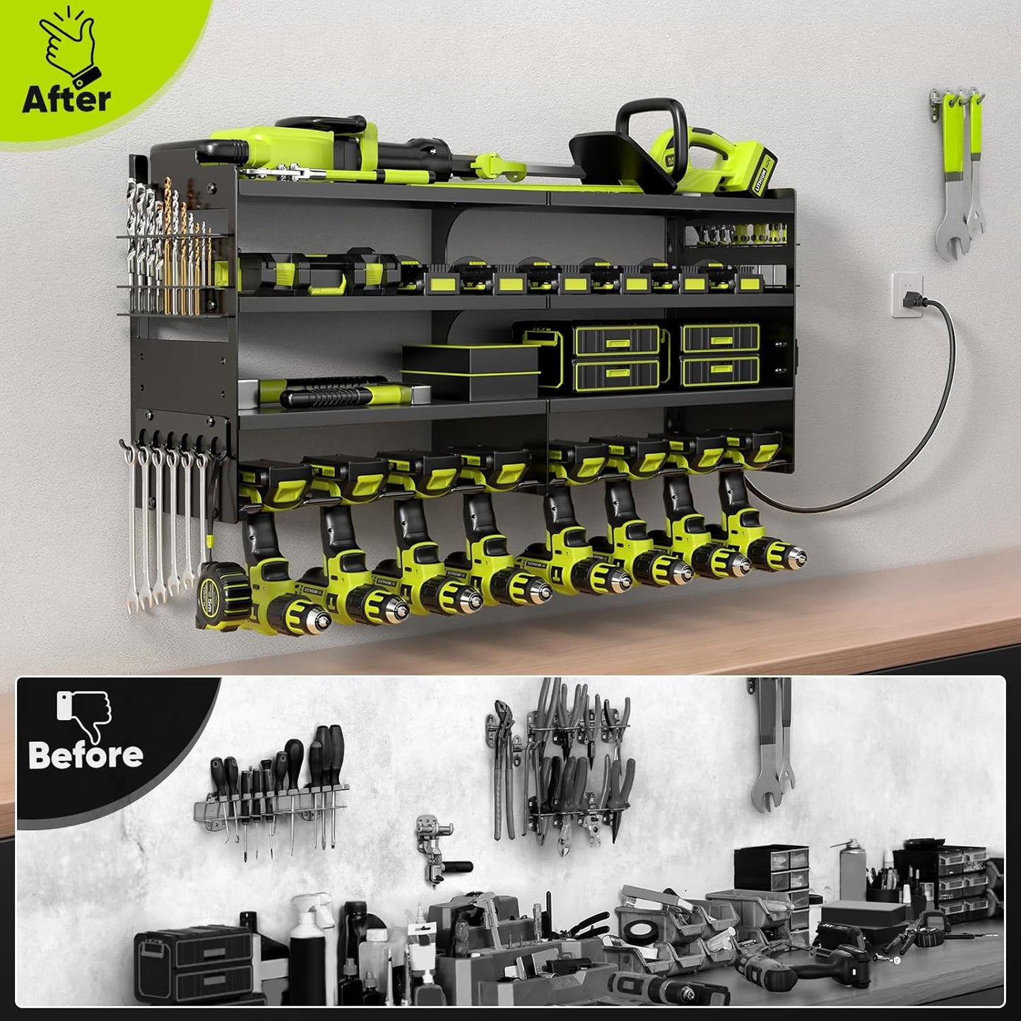 POKIPO Heavy-Duty Tool Organizer Wall Mount - 4-Layer Metal Rack with Charging Station & 8 Drill Holders