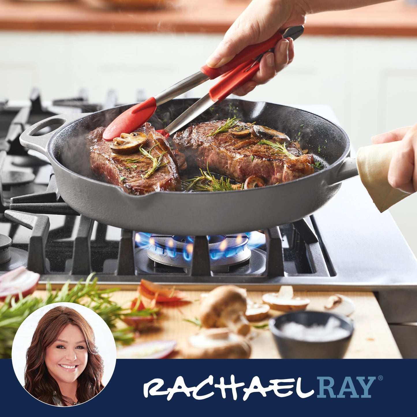 Rachael Ray NITRO Cast Iron Frying Pan/Skillet with Helper Handle and Pour Spouts, 12 Inch, Gray