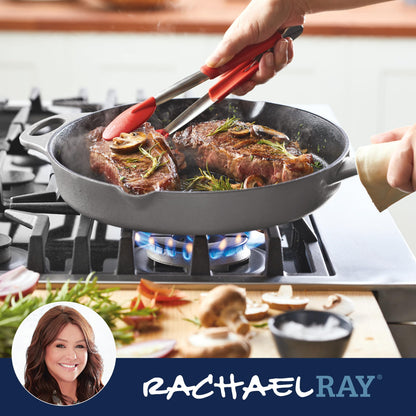 Rachael Ray NITRO Cast Iron Frying Pan/Skillet with Helper Handle and Pour Spouts, 12 Inch, Gray