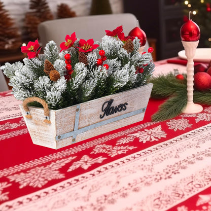 Skiennix Artificial Christmas Centerpiece - Snowy Norfolk Pine Garland with Poinsettias & Berries | Rustic Wood Planter for Holiday Home Decor