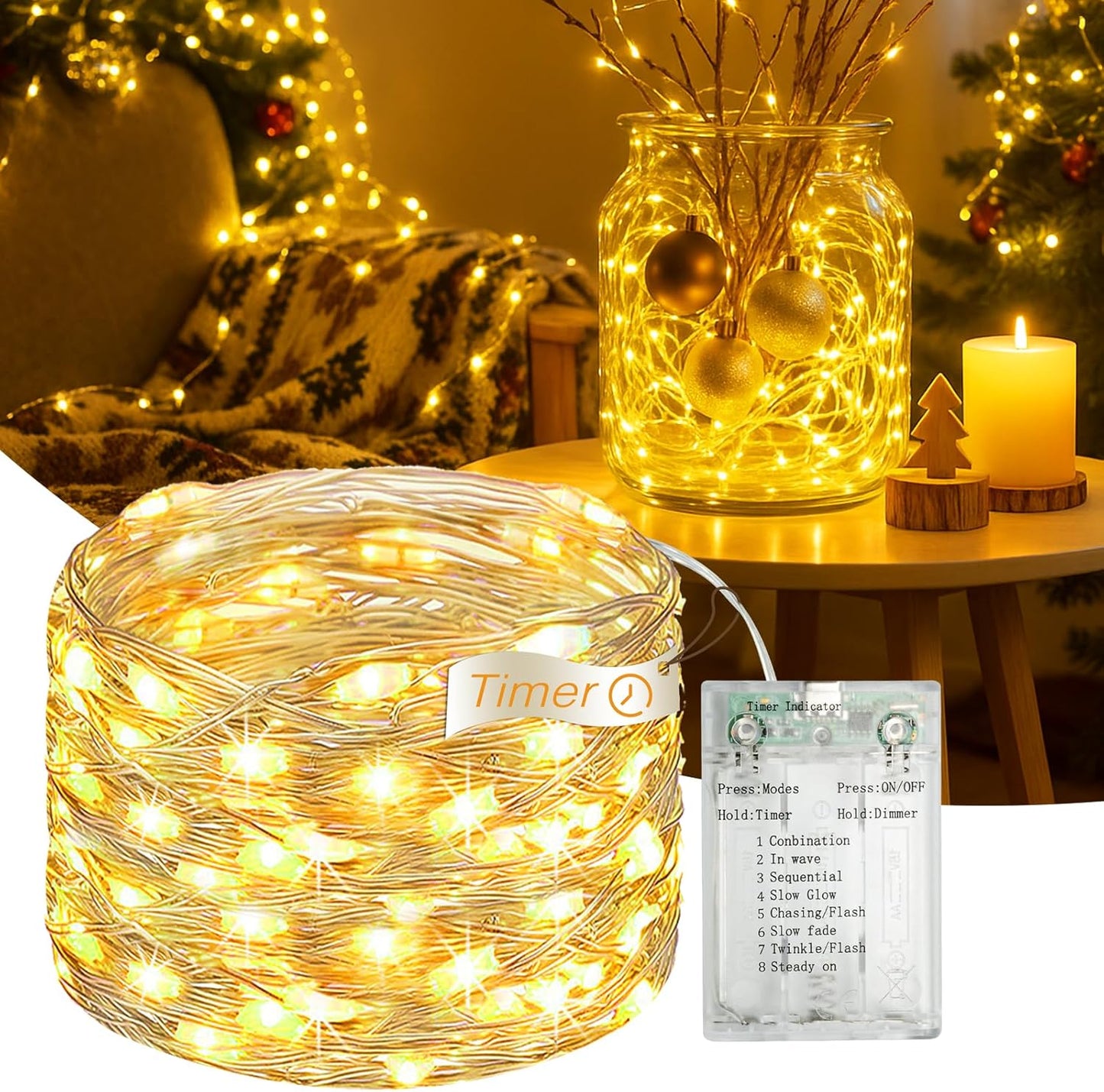 Skiennix 16FT Fairy Lights - 50 LED Battery Operated String Lights with Timer & 8 Modes | Warm White for Holiday Decor