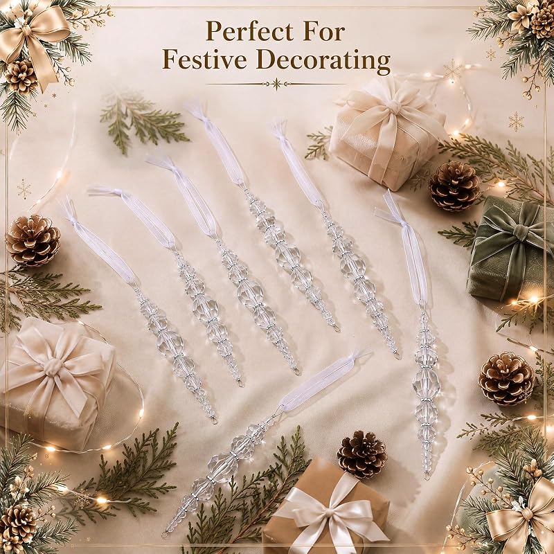 Hollowfly 12 Pcs Clear Acrylic Icicle Ornaments Beaded Drops - 4.1in, Variation: Clear+12