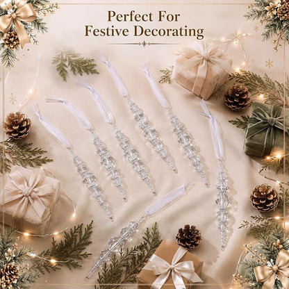 Hollowfly 12 Pcs Clear Acrylic Icicle Ornaments Beaded Drops - 4.1in, Variation: Clear+12