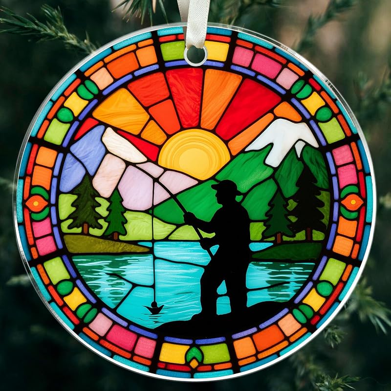Fishing Ornament for Christmas Tree - Fisherman Acrylic Gift 3.23" with Gold Ribbon (Variation: 08 Fishing)