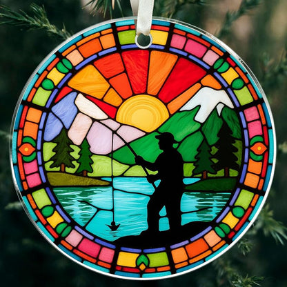 Fishing Ornament for Christmas Tree - Fisherman Acrylic Gift 3.23" with Gold Ribbon (Variation: 08 Fishing)