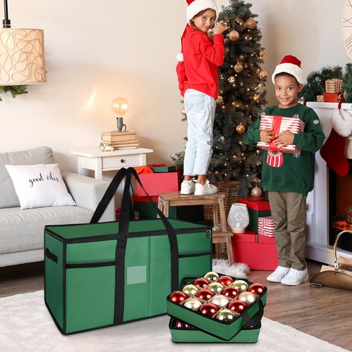 Christmas Ornament Storage Box - Zippered Container with Dividers & 8 Removable Trays, Holds 128 Balls | 600D Oxford Green