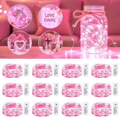 Minetom 12 Pack Pink Christmas Lights | 7ft 20 LED Battery Operated Fairy Lights for Valentine's Day Decor