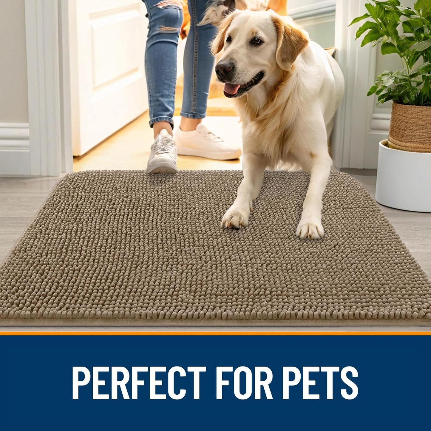 OLANLY Dog Door Mat - Absorbent Non-Slip Chenille Mat for Muddy Paws | 70x24 Inches, Tan Color