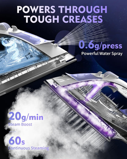 OMAIGA Cordless Steam Iron - 1550W Rapid Heating, Ceramic Soleplate, 3-Way Auto-Off | Purple, 12.85oz Tank