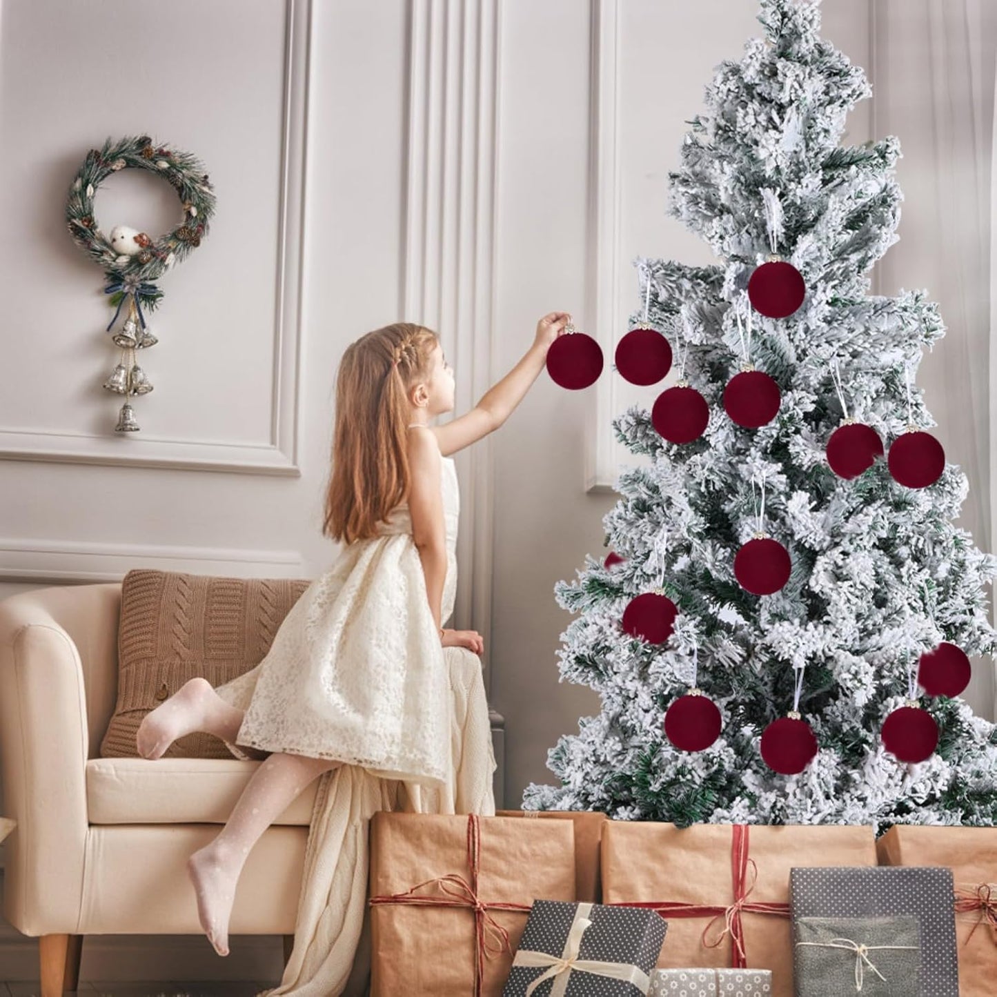 Skiennix 12PCS Velvet Christmas Tree Ornaments - Shatterproof 2.4-Inch Burgundy Balls for Holiday Decor
