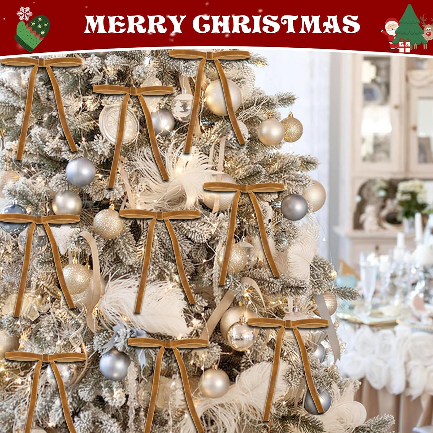 Skiennix 24 Pcs Velvet Bows - Elegant Khaki Christmas Tree Ornaments | 5”x7” Pre-Tied Holiday Décor